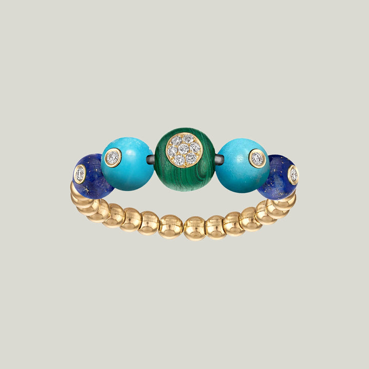 Beaded Bubbles Stack Ring, Yellow Gold, Malachite, Lapis, Turquoise, Size 7