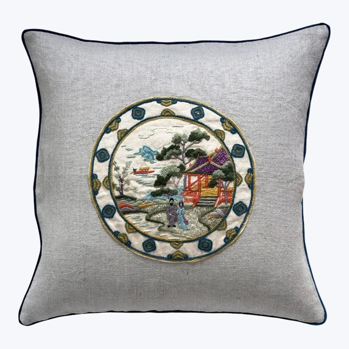 Vintage Wool Embroidery Pillow, Serene Pavilion