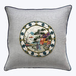 Vintage Wool Embroidery Pillow, Serene Pavilion
