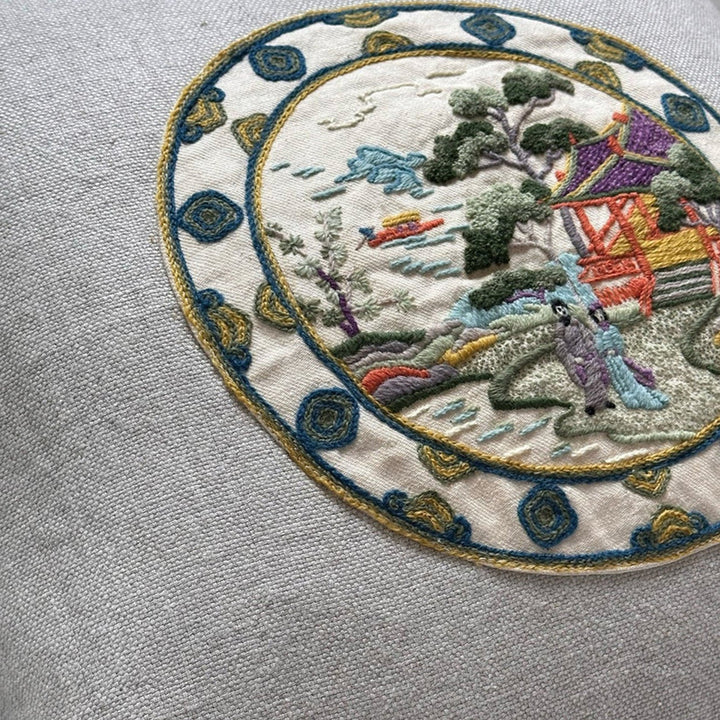 Vintage Wool Embroidery Pillow, Serene Pavilion
