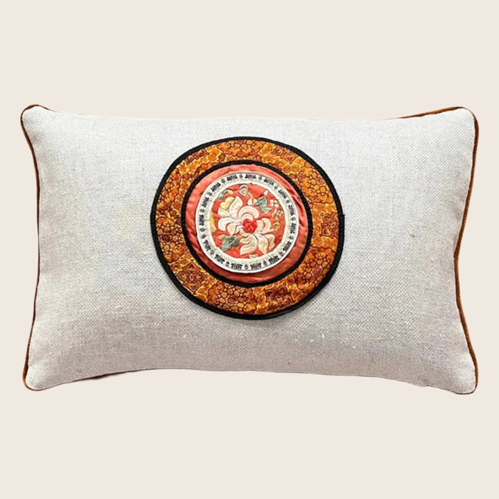 Vintage Silk Embroidery Lumbar Pillow, Chrysanthemum Ember