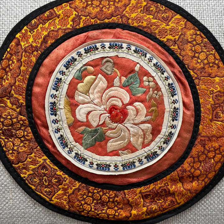 Vintage Silk Embroidery Lumbar Pillow, Chrysanthemum Ember