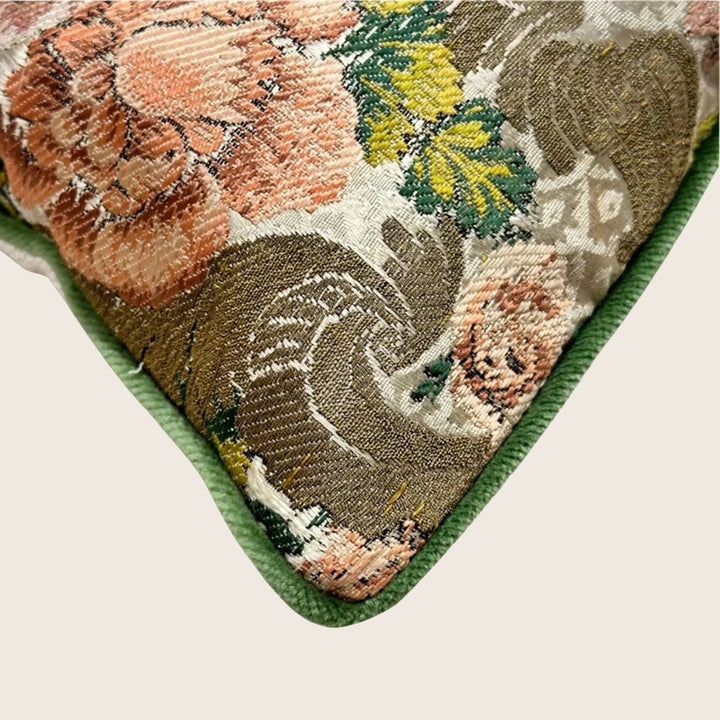 Antique Silk Brocade Pillow, Rosette Tapestry