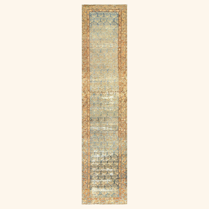 Blue Vintage Antique Traditional Melayer Wool Runner - 3' x 13'3"