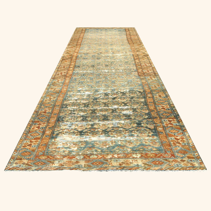 Blue Vintage Antique Traditional Melayer Wool Runner - 3' x 13'3"