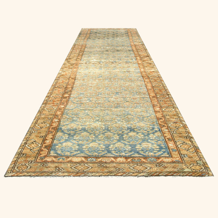 Blue Vintage Antique Traditional Melayer Wool Runner - 3' x 13'3"