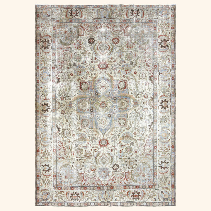 Ivory Vintage Antique Traditional Tabriz Wool Rug - 8'2" x 11'9"