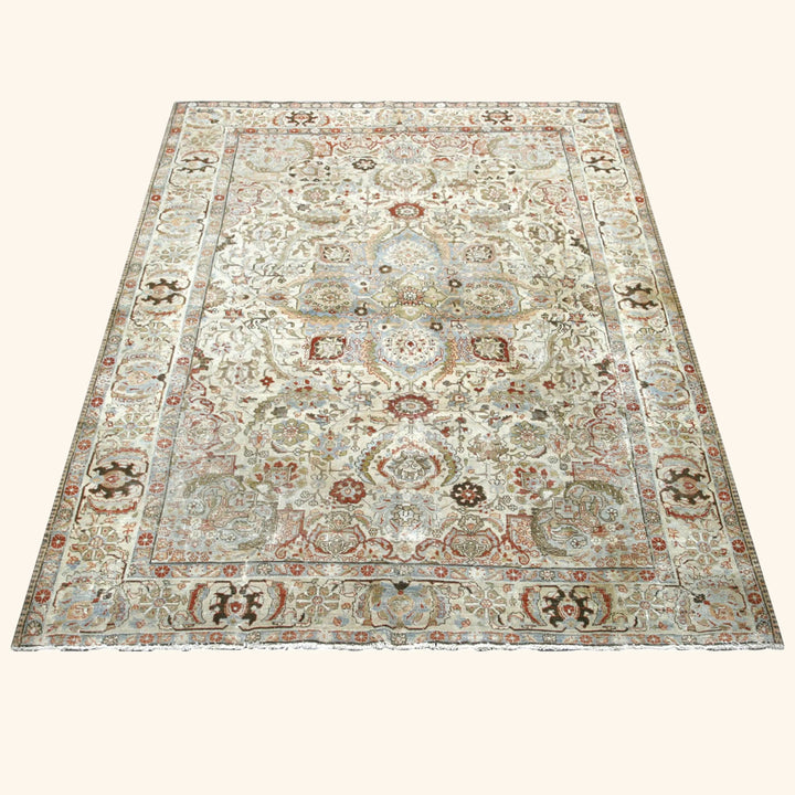 Ivory Vintage Antique Traditional Tabriz Wool Rug - 8'2" x 11'9"