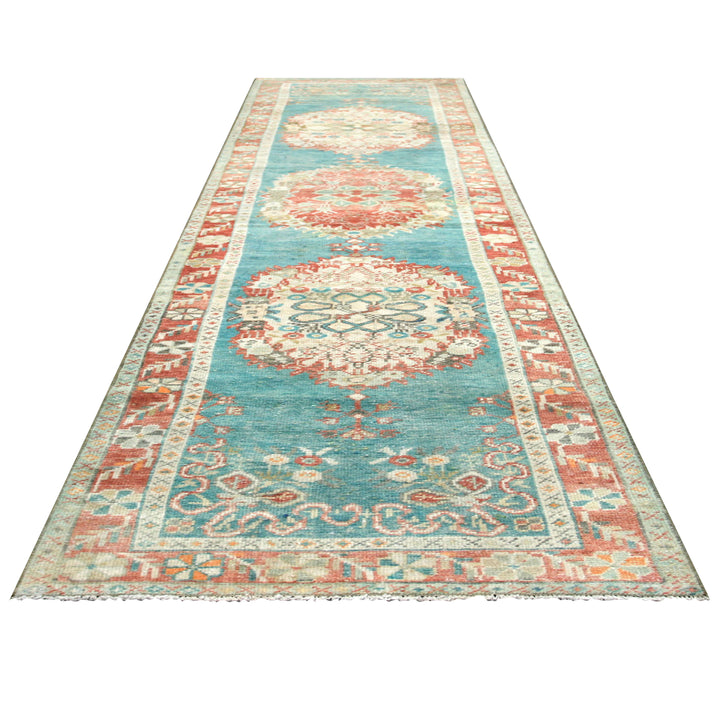 Blue Vintage Antique Traditional Oushak Wool Runner - 2'7" x 10'6"