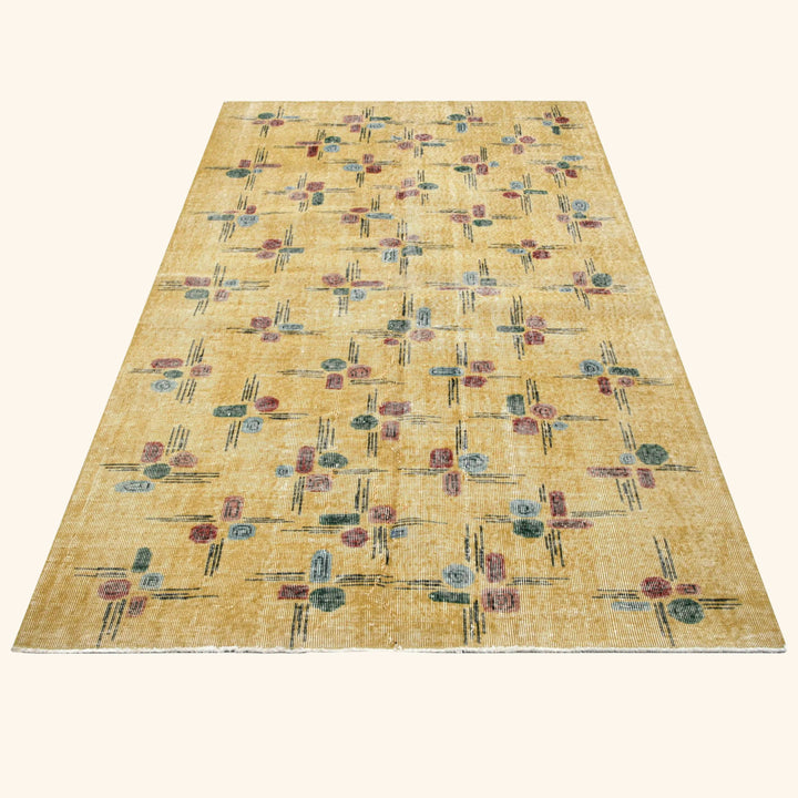 Yellow Vintage Antique Traditional Deco Wool Rug - 4'11" x 7'10"