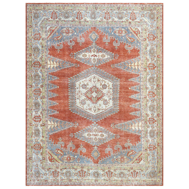 Red Blue Vintage Antique Traditional Tabriz Wool Rug - 10'1" x 13'4"