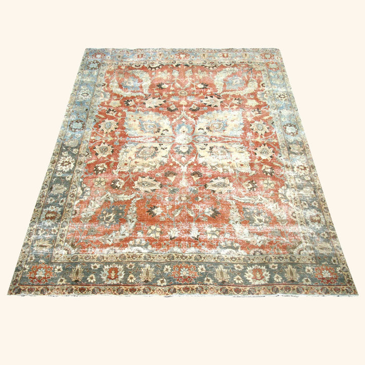 Red Blue Vintage Antique Traditional Tabriz Wool Rug - 8'8" x 12'3"