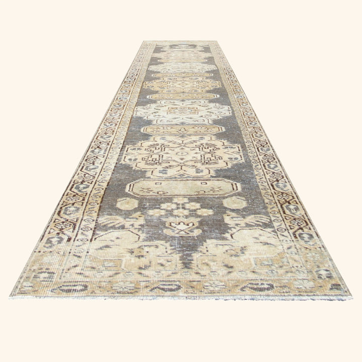 Taupe Vintage Antique Traditional Heriz Wool Runner - 2'1" x 11'1"