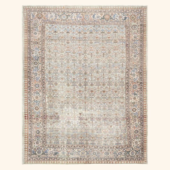 Beige Vintage Antique Traditional Heriz Wool Rug - 11'3" x 14'4"