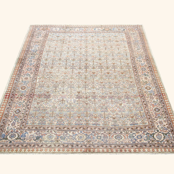 Beige Vintage Antique Traditional Heriz Wool Rug - 11'3" x 14'4"