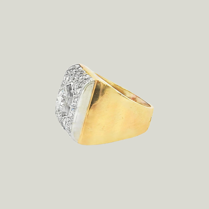 French Retro Diamond Cocktail Ring in Platinum on Gold