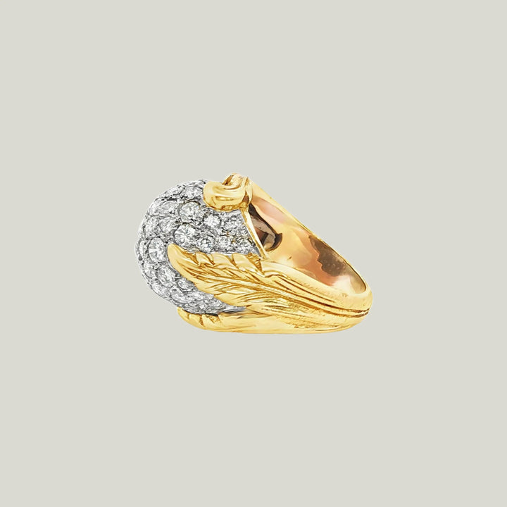 1970s Diamond Cocktail Ring with Leaf Motif in 18k Gold