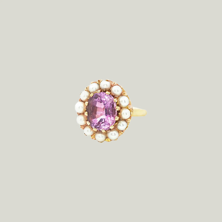 1980s Amethyst and Pearl Ring in 14k Yellow Gold
