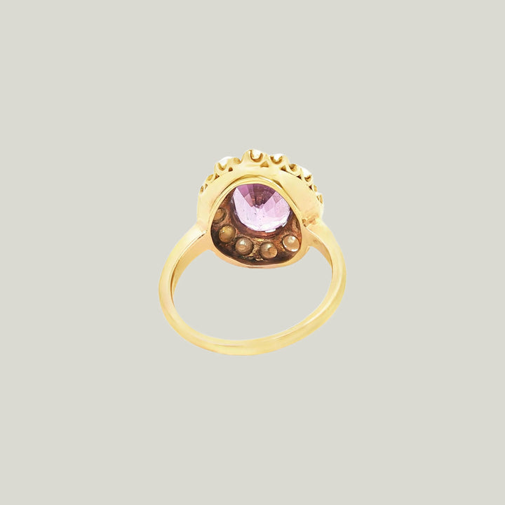 1980s Amethyst and Pearl Ring in 14k Yellow Gold
