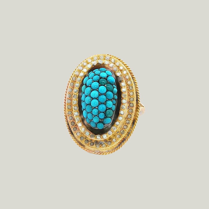 Victorian Turquoise and Enamel Cluster Ring in 14k Gold