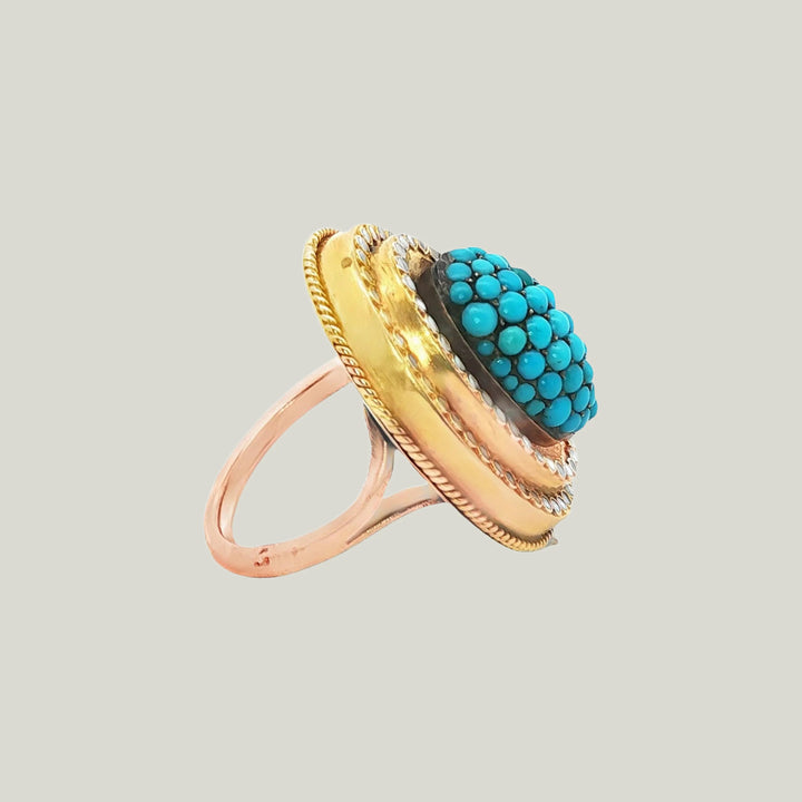 Victorian Turquoise and Enamel Cluster Ring in 14k Gold