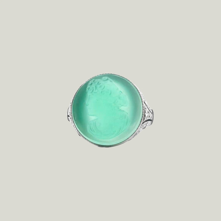 Art Deco Platinum, Diamond and Chrysoprase Cameo Ring
