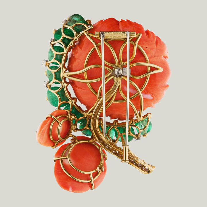 Coral, Emerald, Diamond Flower Brooch by David Webb
