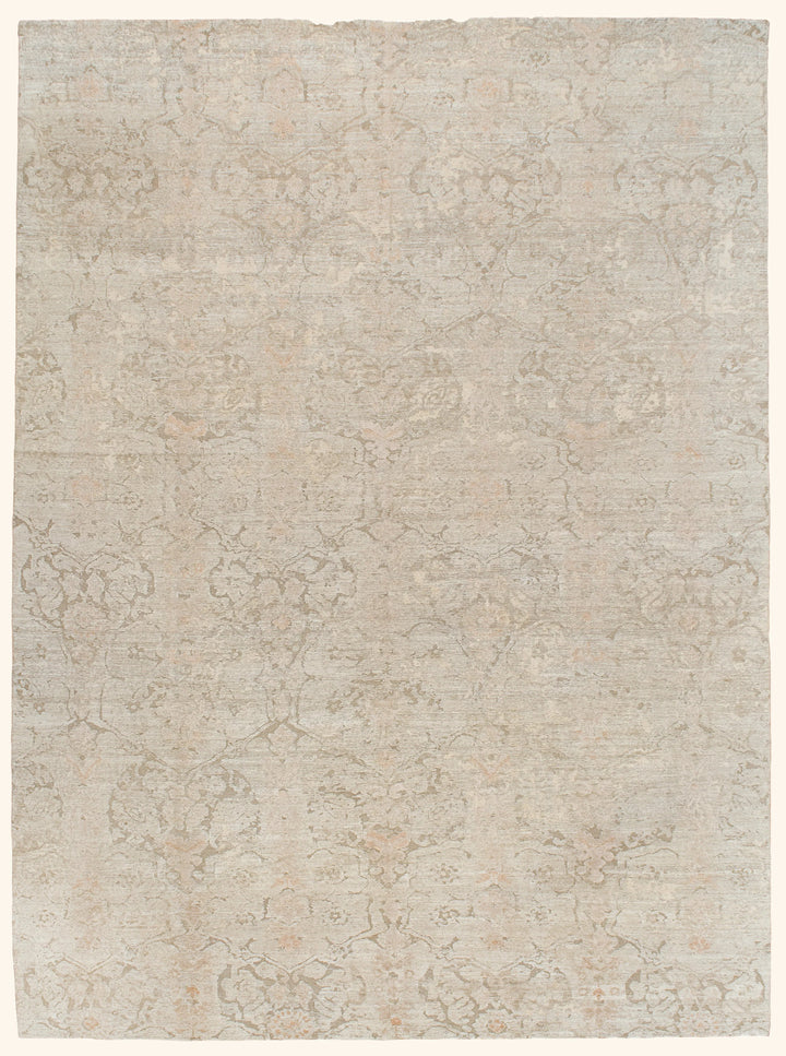 Beige Traditional Wool Silk Linen Blend Rug - 8' x 10'