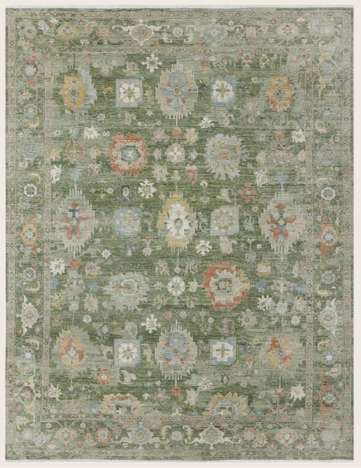Green Antique Revival Traditional Wool Rug - 9' x 12'