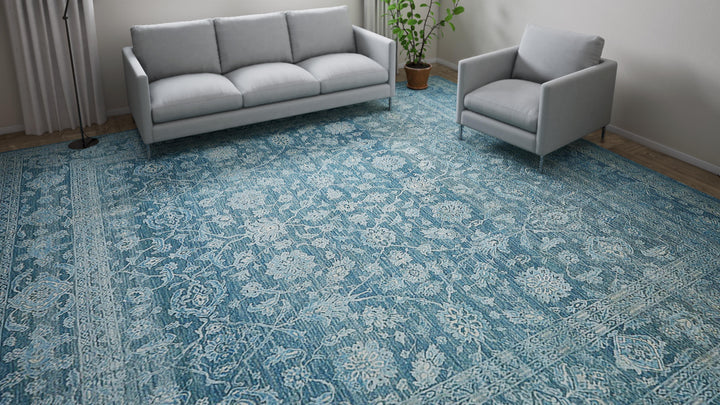Blue Traditional Silk Rug - 13'9" x 14'6"