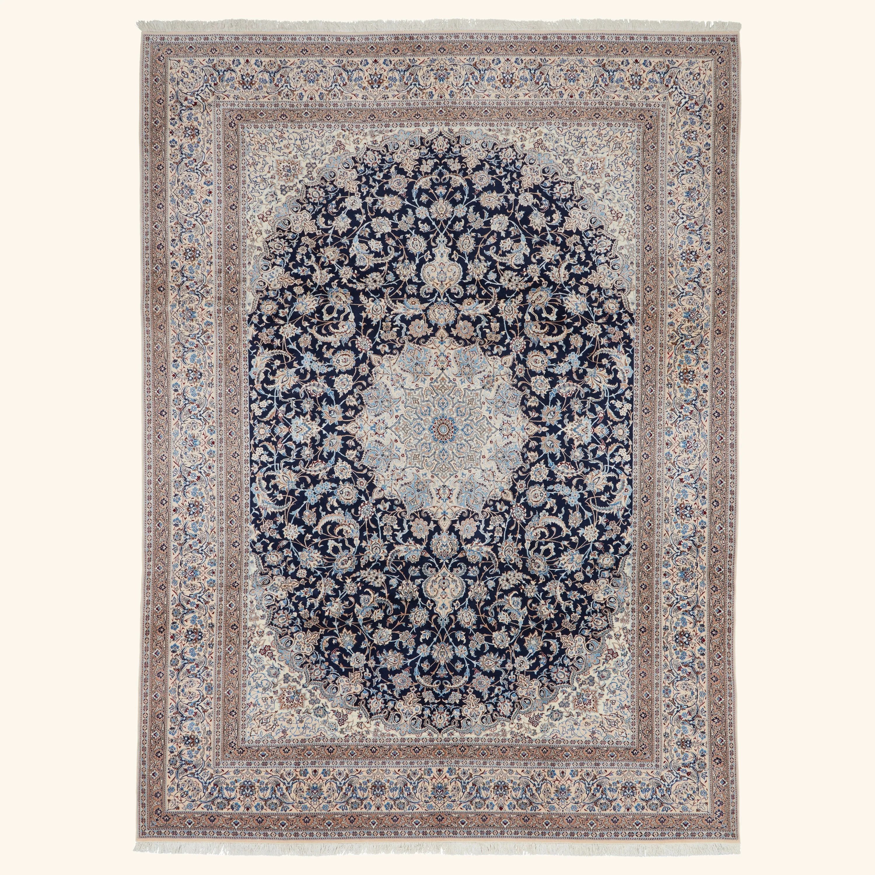 Blue Traditional Persian Nain Wool Silk Blend Rug - 8'8