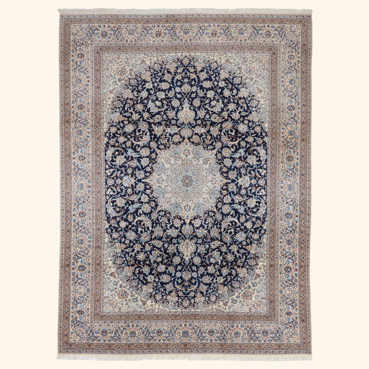 Blue Traditional Persian Nain Wool Silk Blend Rug - 8'8" x 11'10"