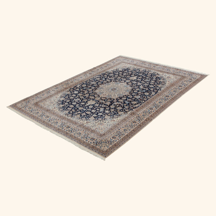 Blue Traditional Persian Nain Wool Silk Blend Rug - 8'8" x 11'10"
