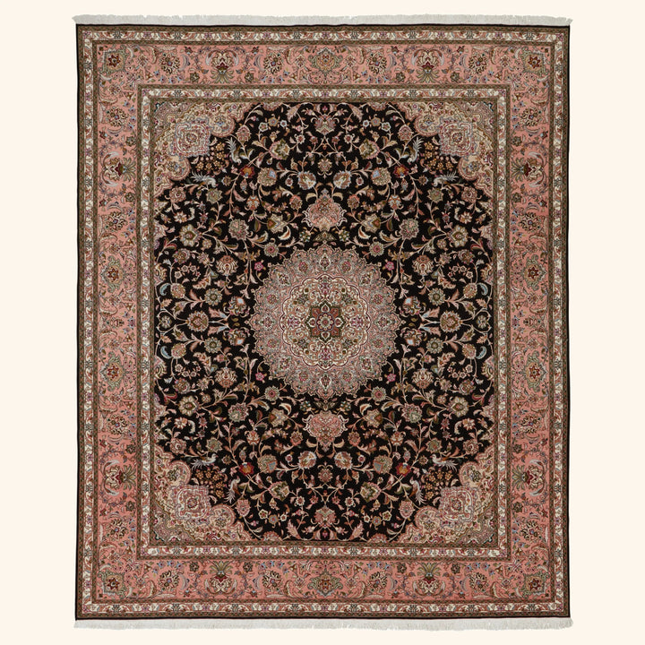 Black Traditional Persian Tabriz Wool Rug - 8'2" x 10'