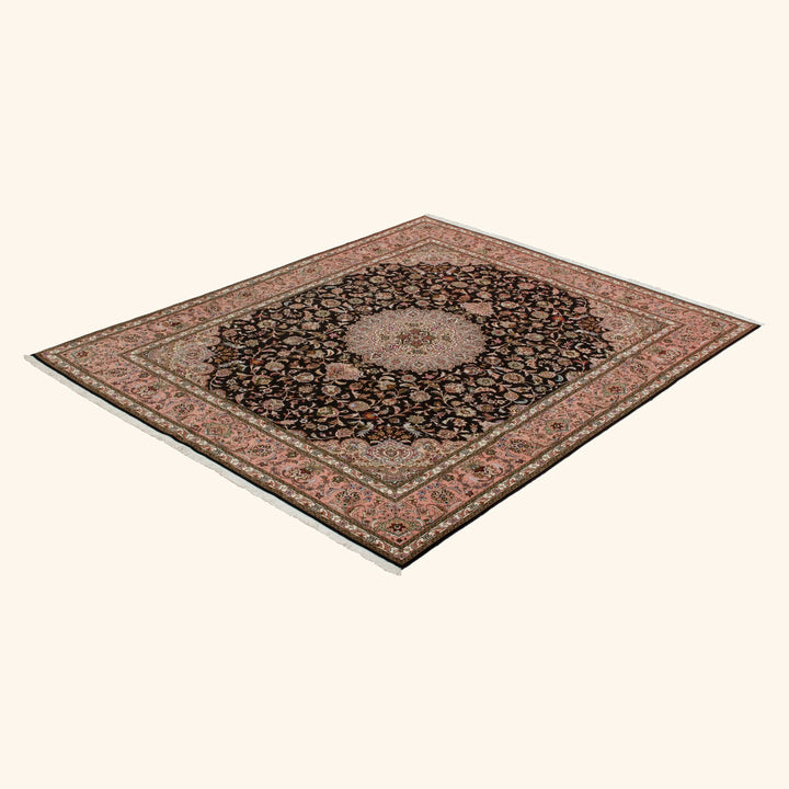 Black Traditional Persian Tabriz Wool Rug - 8'2" x 10'