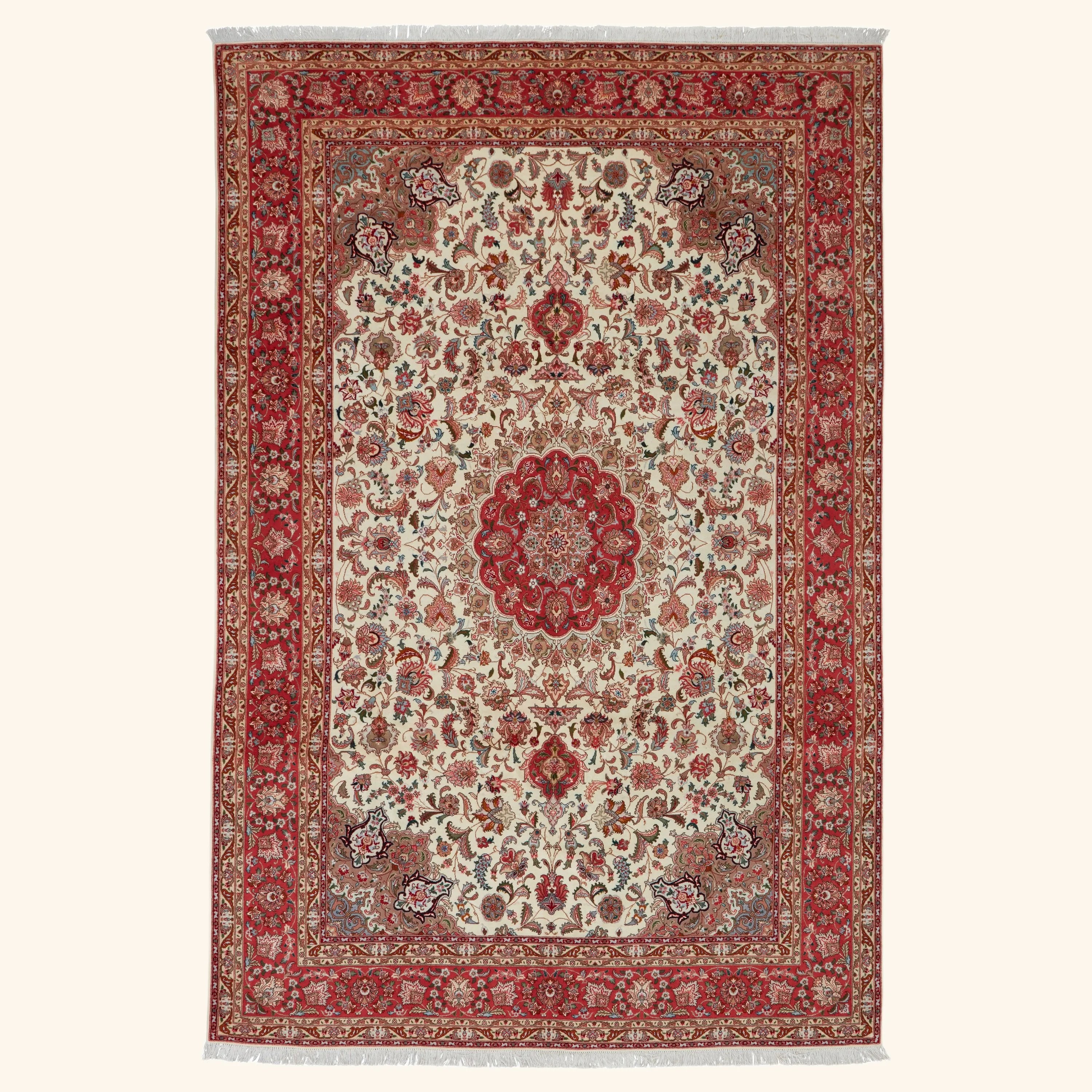 Ivory Traditional Persian Tabriz Wool Rug - 6'6