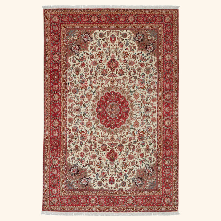 Ivory Traditional Persian Tabriz Wool Rug - 6'6" x 9'8"
