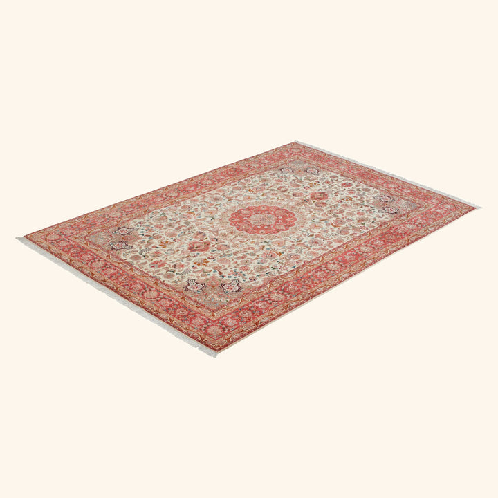 Ivory Traditional Persian Tabriz Wool Rug - 6'6" x 9'8"
