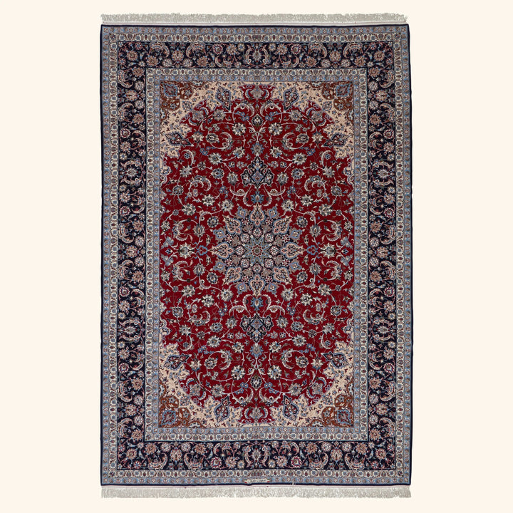 Red Traditional Persian Isfahan Wool Silk Blend Rug - 8'8" x 12'9"
