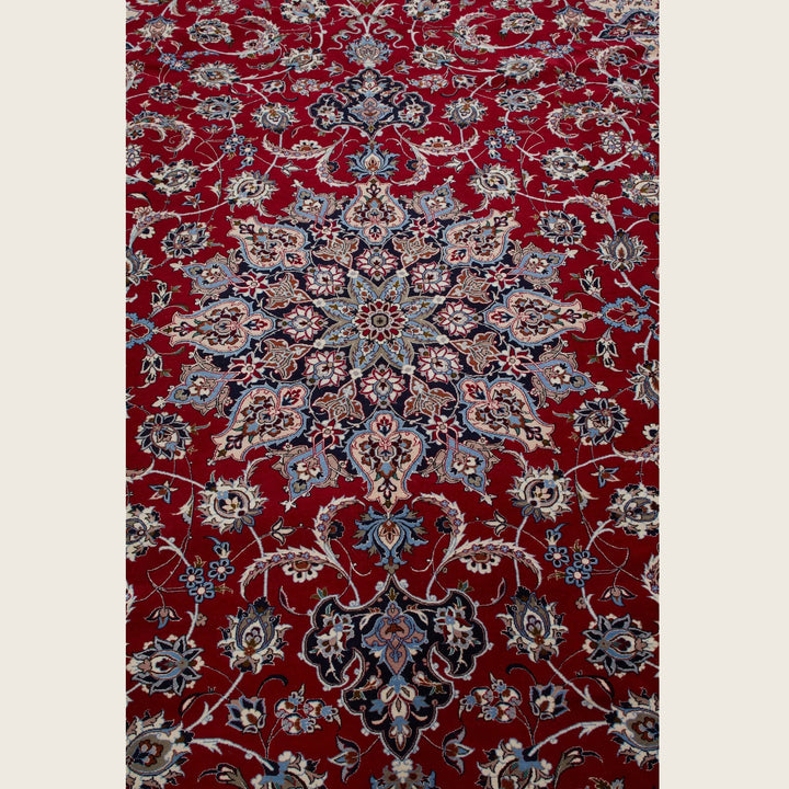 Red Traditional Persian Isfahan Wool Silk Blend Rug - 8'8" x 12'9"