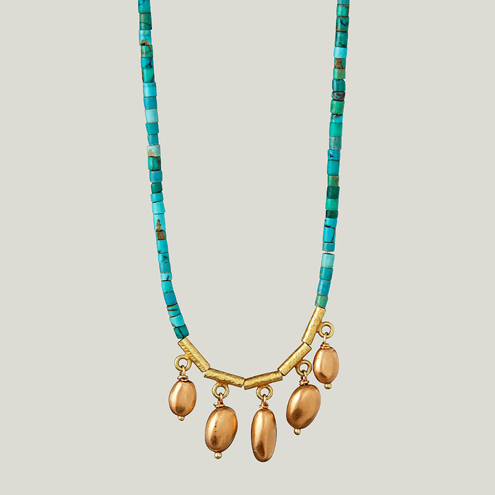 Green Turquoise Beaded Necklace with Gold Nugget Fringe