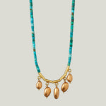 Green Turquoise Beaded Necklace with Gold Nugget Fringe