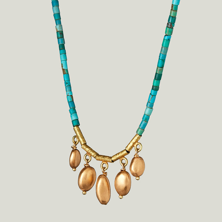 Green Turquoise Beaded Necklace with Gold Nugget Fringe