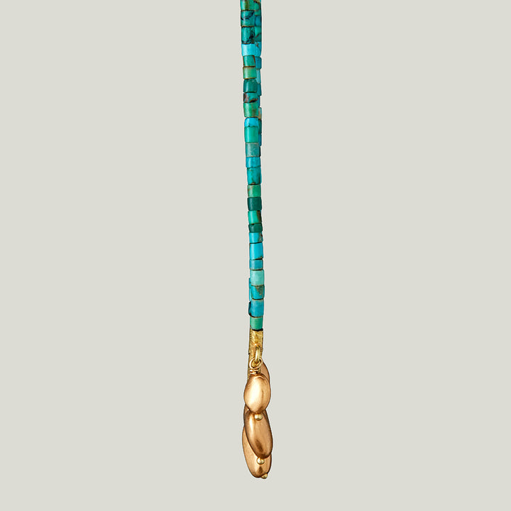 Green Turquoise Beaded Necklace with Gold Nugget Fringe