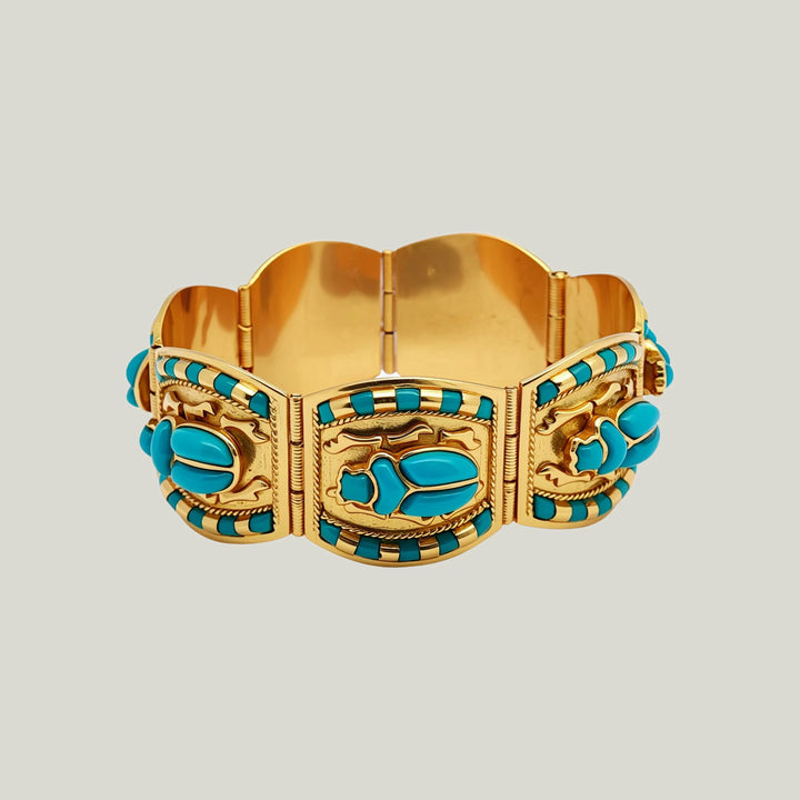 Egyptian Revival Glass and Gold Scarab Bracelet, circa 1970.