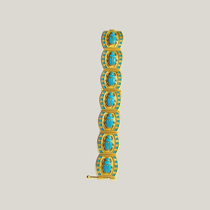 Egyptian Revival Glass and Gold Scarab Bracelet, circa 1970.