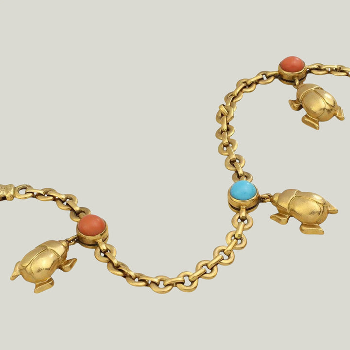 Cartier Gold Scarab Charm Bracelet with Coral & Turquoise – 26.9g, Circa 1990