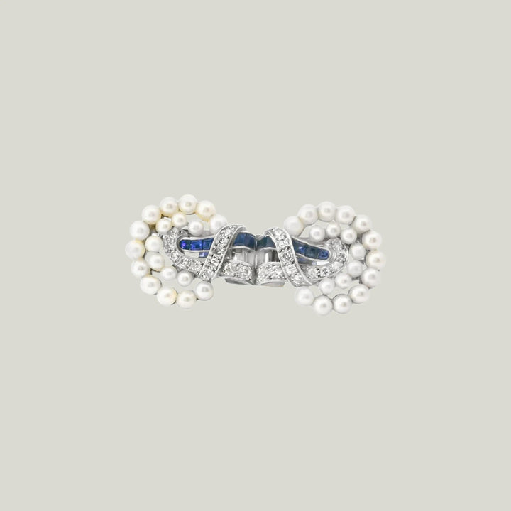 18K Yellow Gold and Platinum American Art Deco Natural Pearl Sapphire Diamond Brooch