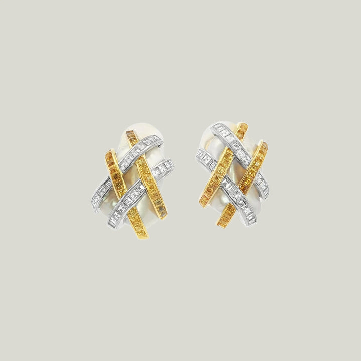 Platinum, Gold, Diamond, Yellow Sapphire, and Pearl Earrings