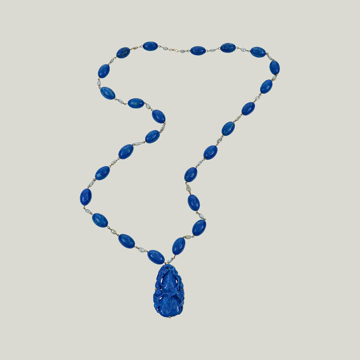 Lapis Lazuli and Pearl Bead Necklace with Carved Lapis Squash Blossom Pendant